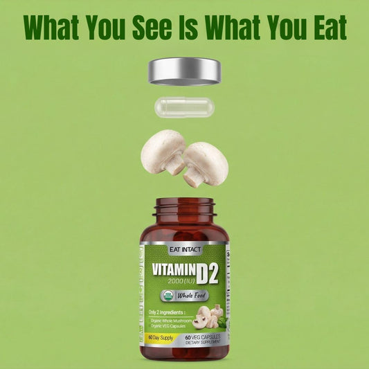 Eat Intact label close-up highlighting organic mushroom source and vegan capsule