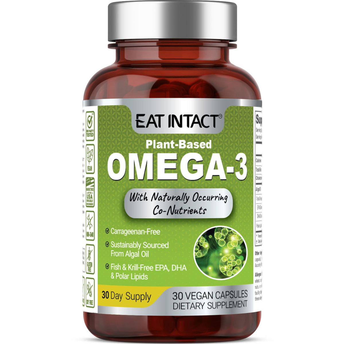 EAT INTACT algae omega-3 bottle front view for clean plant-based supplementation