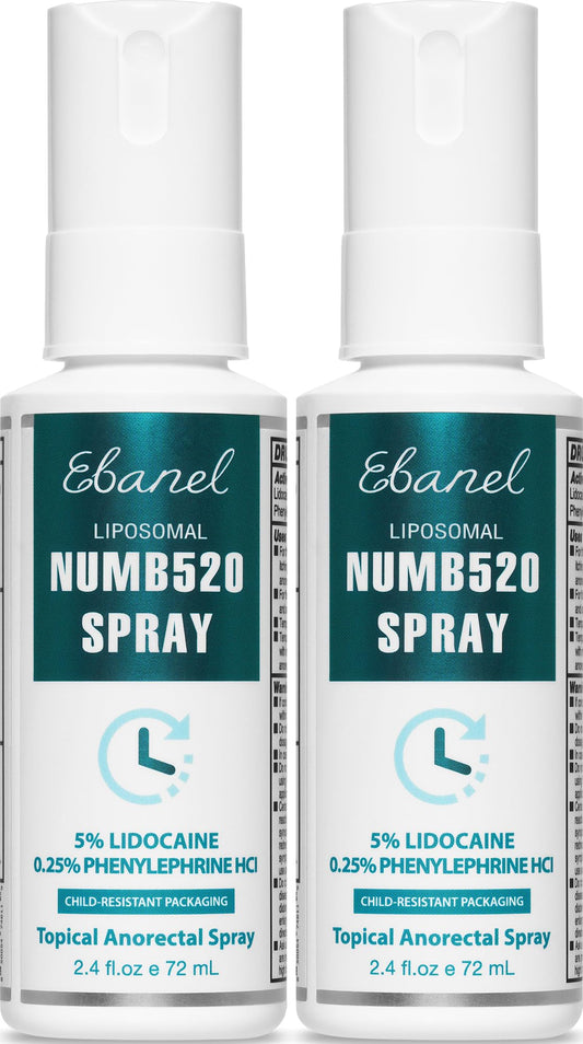 Ebanel 2-pack lidocaine spray bottles provide quick numbing relief for minor discomfort.