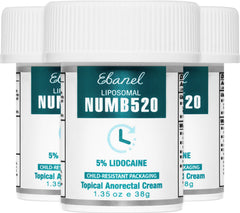 Ebanel 5% Lidocaine Cream 3-pack on packaging showing value and portability for home use