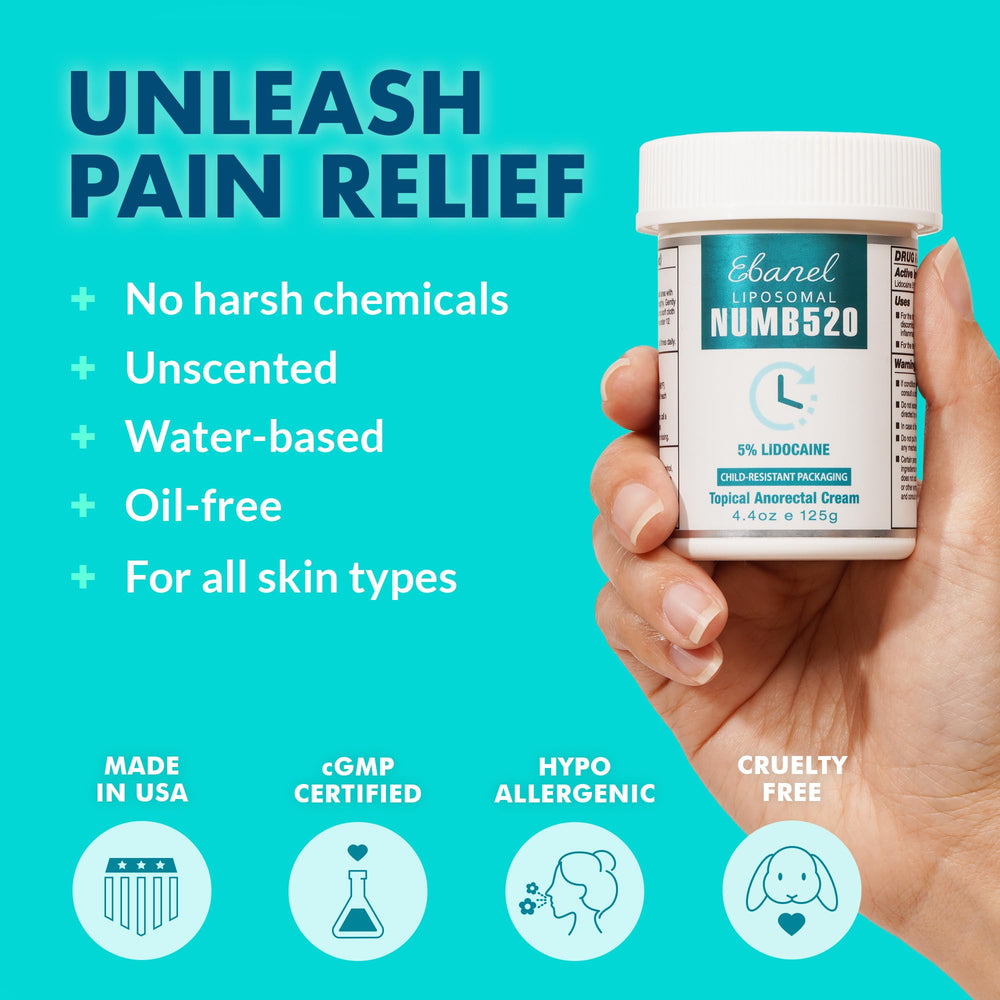 Ebanel 5% lidocaine cream ingredients visible including allantoin and vitamin E.