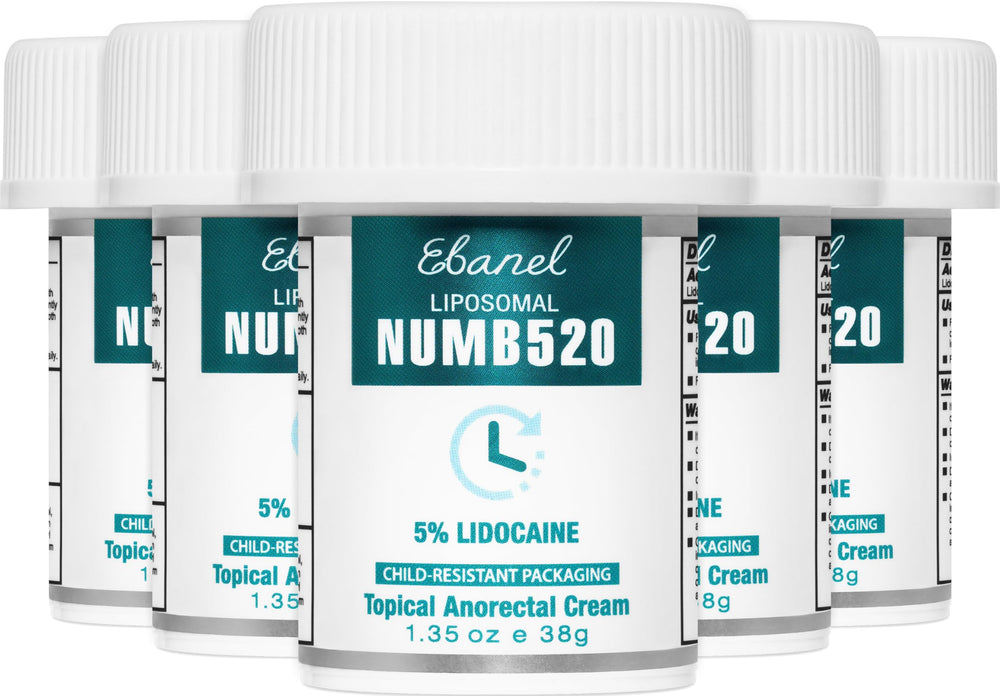Ebanel 5 percent lidocaine cream 5 pack packaging ready for use and travel.
