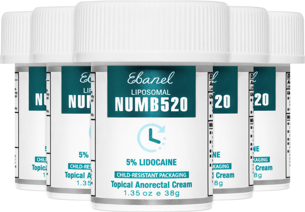 Ebanel 5 percent lidocaine cream 5 pack packaging ready for use and travel.