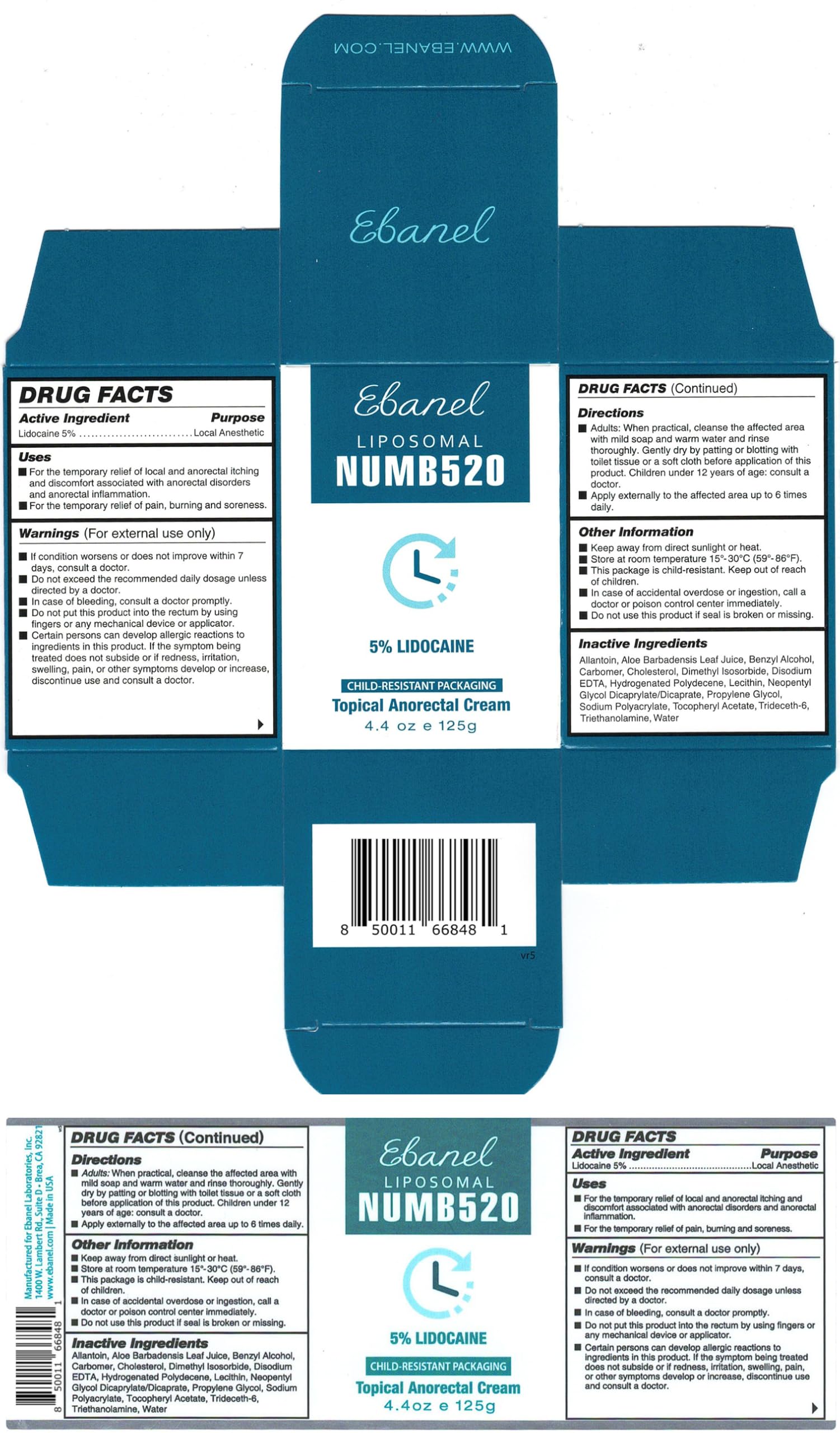 Ebanel 5% lidocaine numbing cream USA facility certification badge.