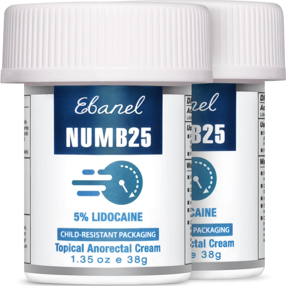 Ebanel 5% Lidocaine numbing cream two-pack in box for quick relief.