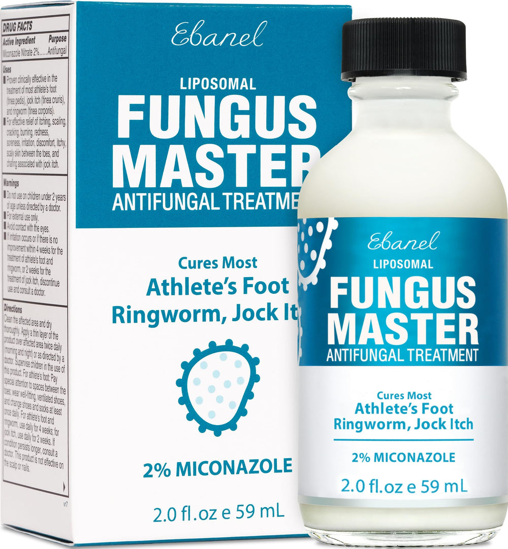 Ebanel Athletes Foot Treatment bottle close-up showing maximum-strength antifungal formula.