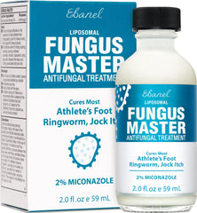 Ebanel Athletes Foot Treatment bottle close-up showing maximum-strength antifungal formula.