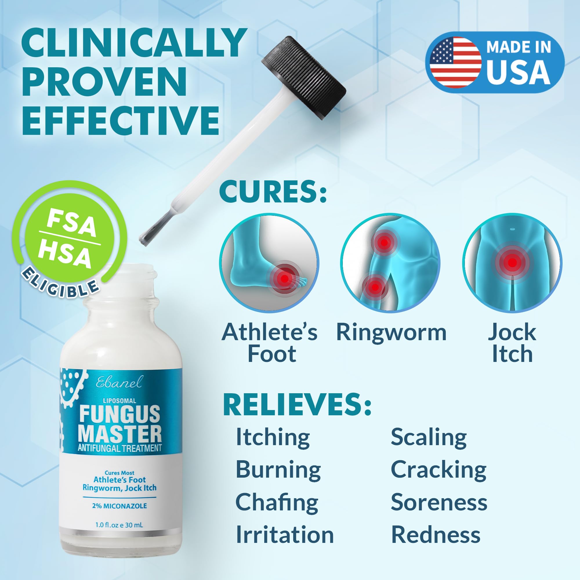 Ebanel antifungal cream applied to skin for itch relief and cooling comfort.