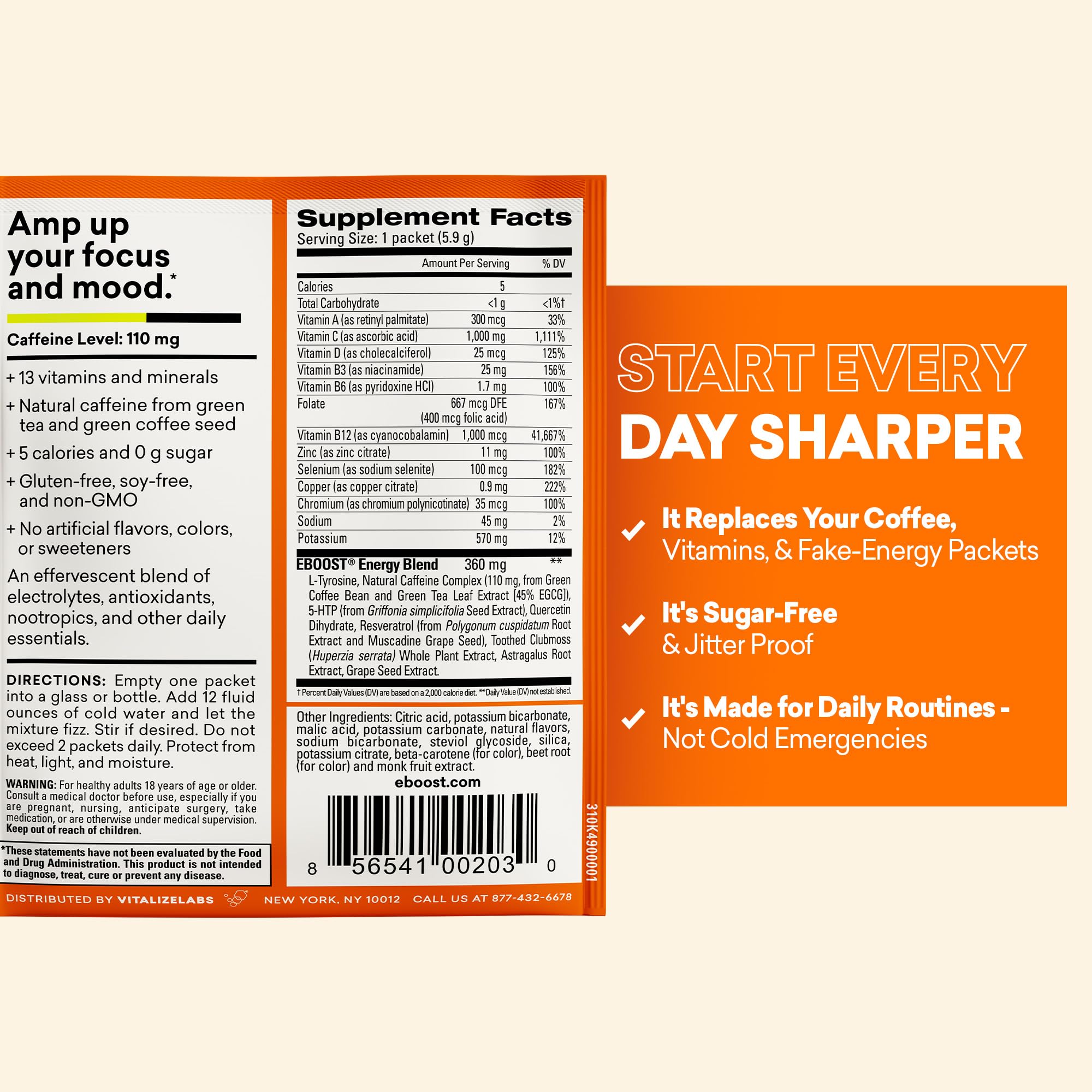 EBOOST 110 mg caffeine per serving provides focused energy in a portable format.