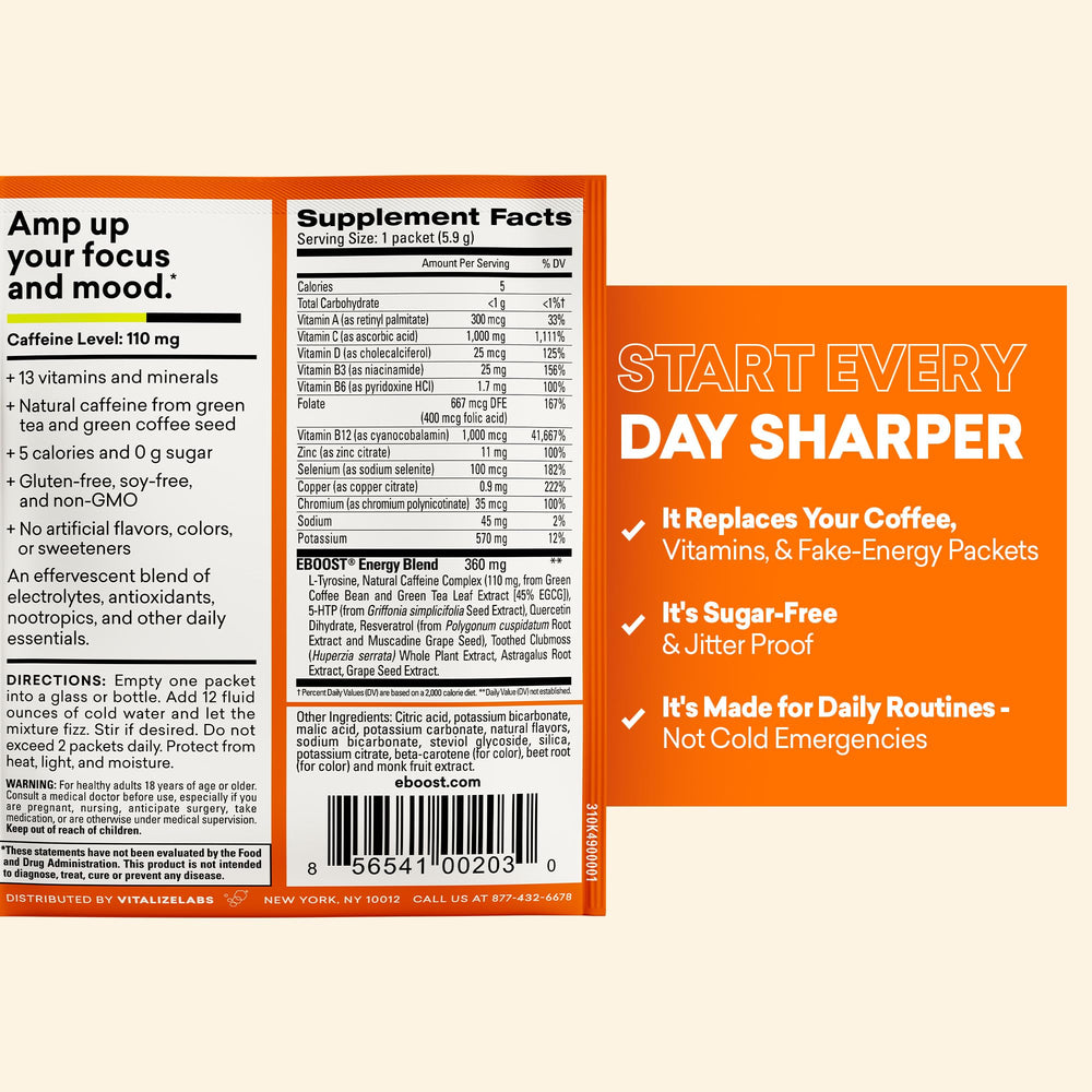 EBOOST 110 mg caffeine per serving provides focused energy in a portable format.