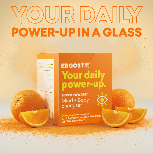 EBOOST effervescent glass showing zero sugar hydration with citrus lift.