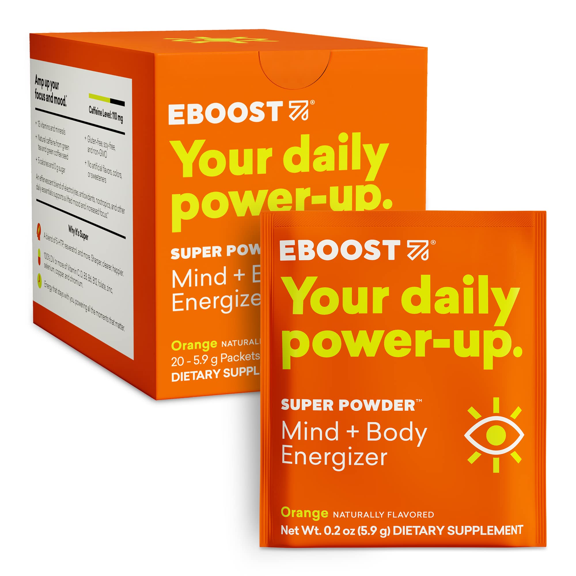 EBOOST orange powder packets for on-the-go hydration and clean energy.