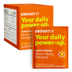 EBOOST orange powder packets for on-the-go hydration and clean energy.