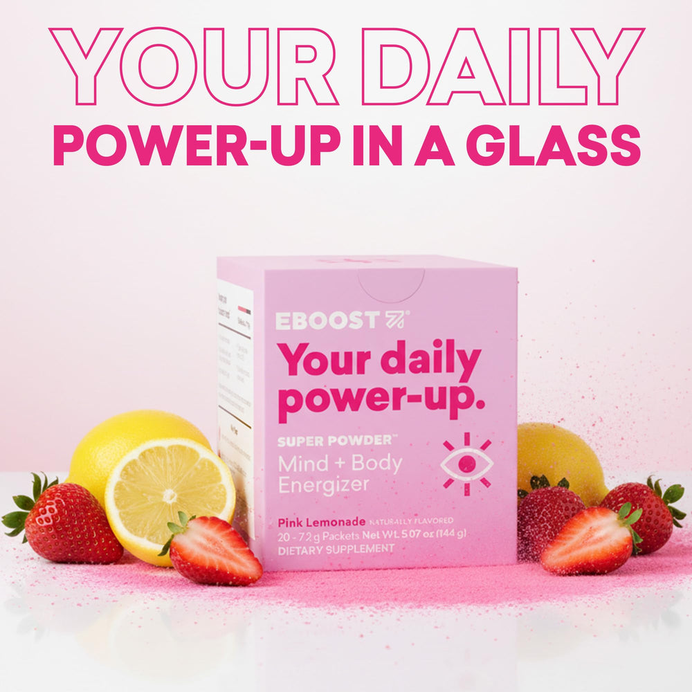 Poured EBOOST Pink Lemonade powder into a glass showing dissolve and fizz