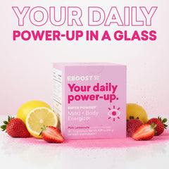 Poured EBOOST Pink Lemonade powder into a glass showing dissolve and fizz