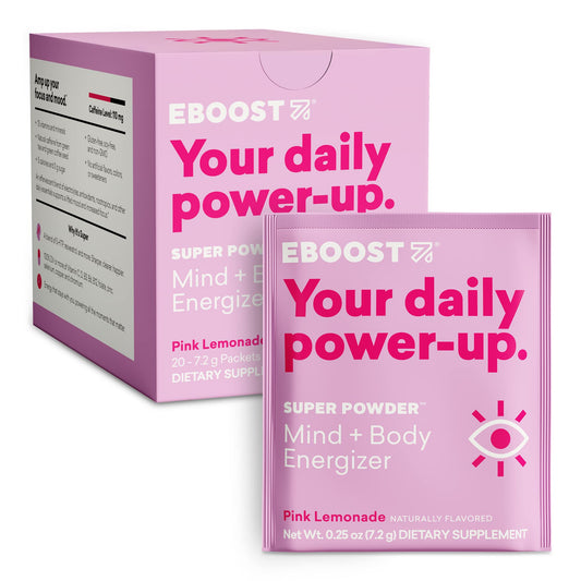 EBOOST Pink Lemonade powder packet for quick hydration on the go