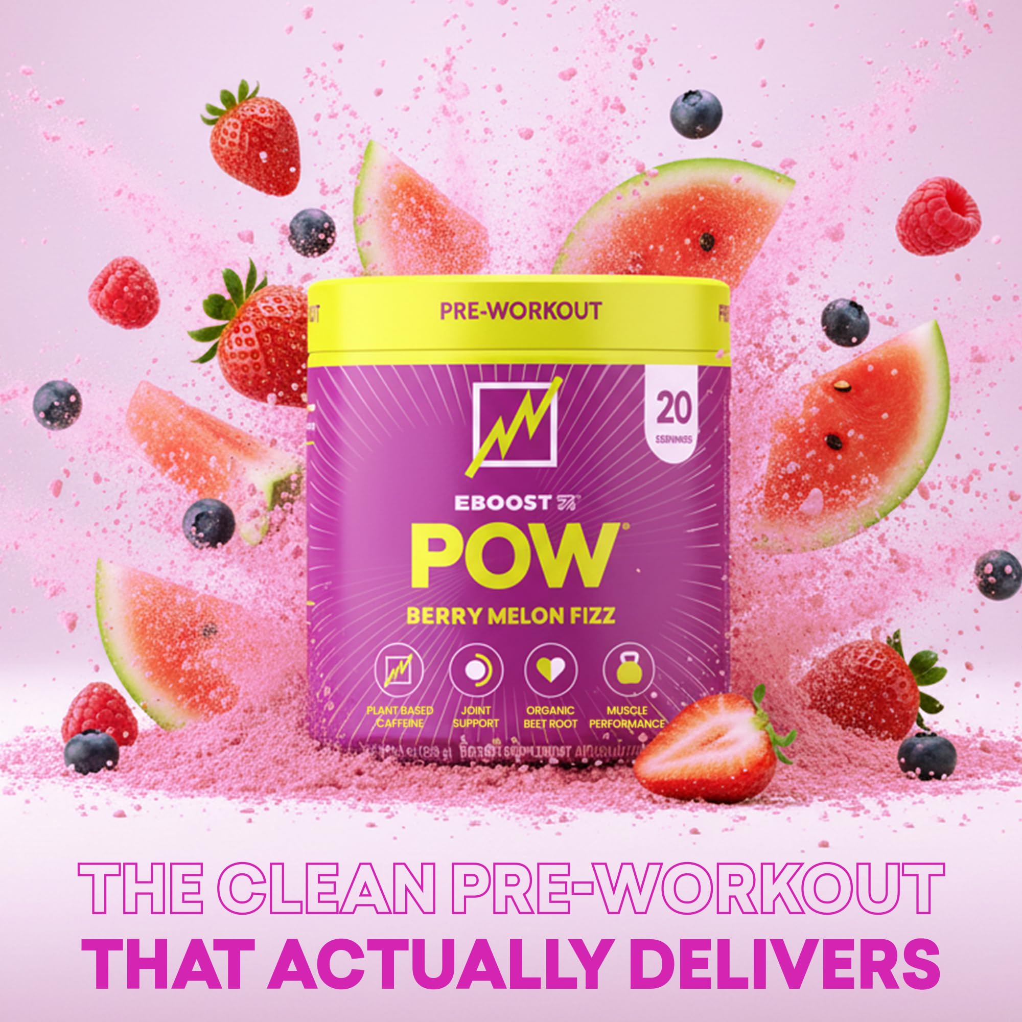 EBOOST POW Berry Melon Fizz mixer dissolving for clean focus and performance