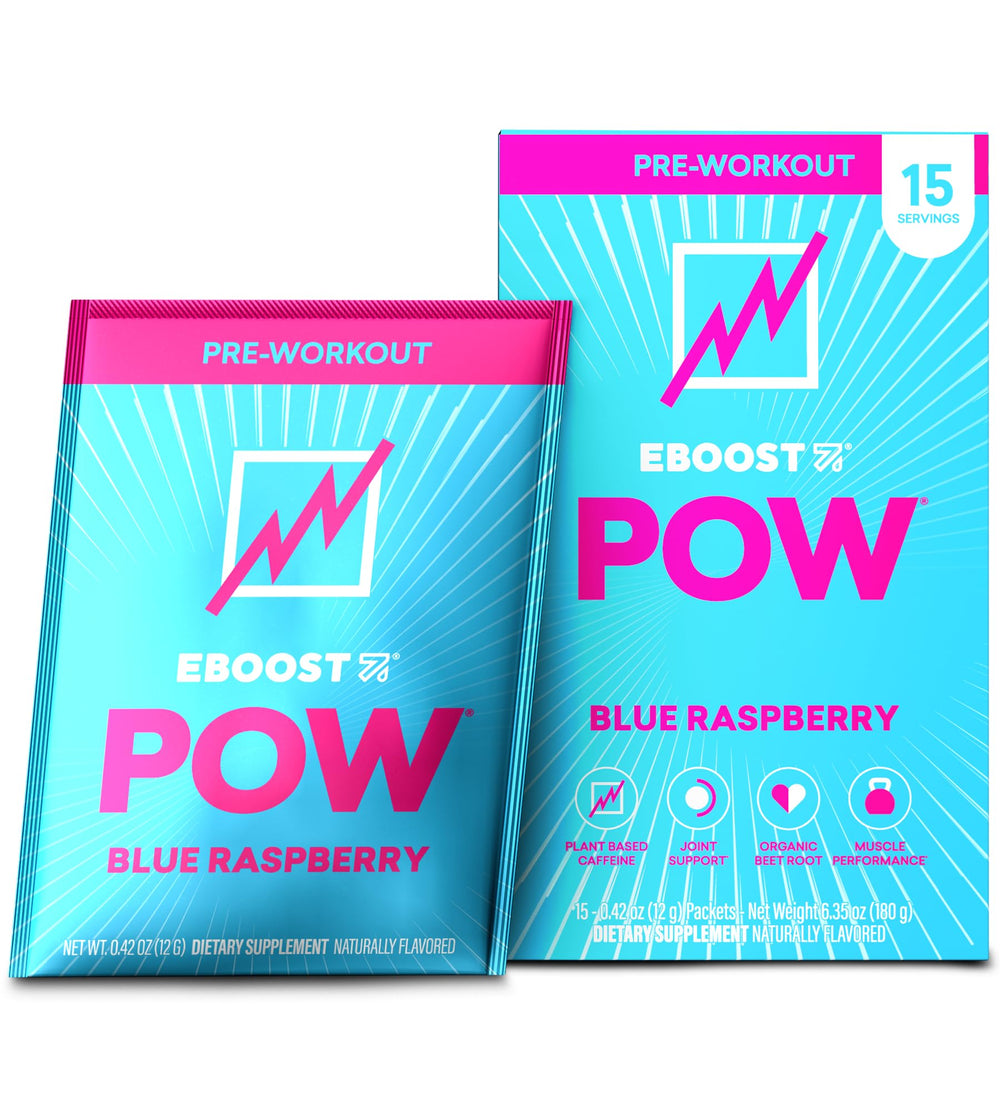 EBOOST POW blue raspberry packet ready for a workout boost.