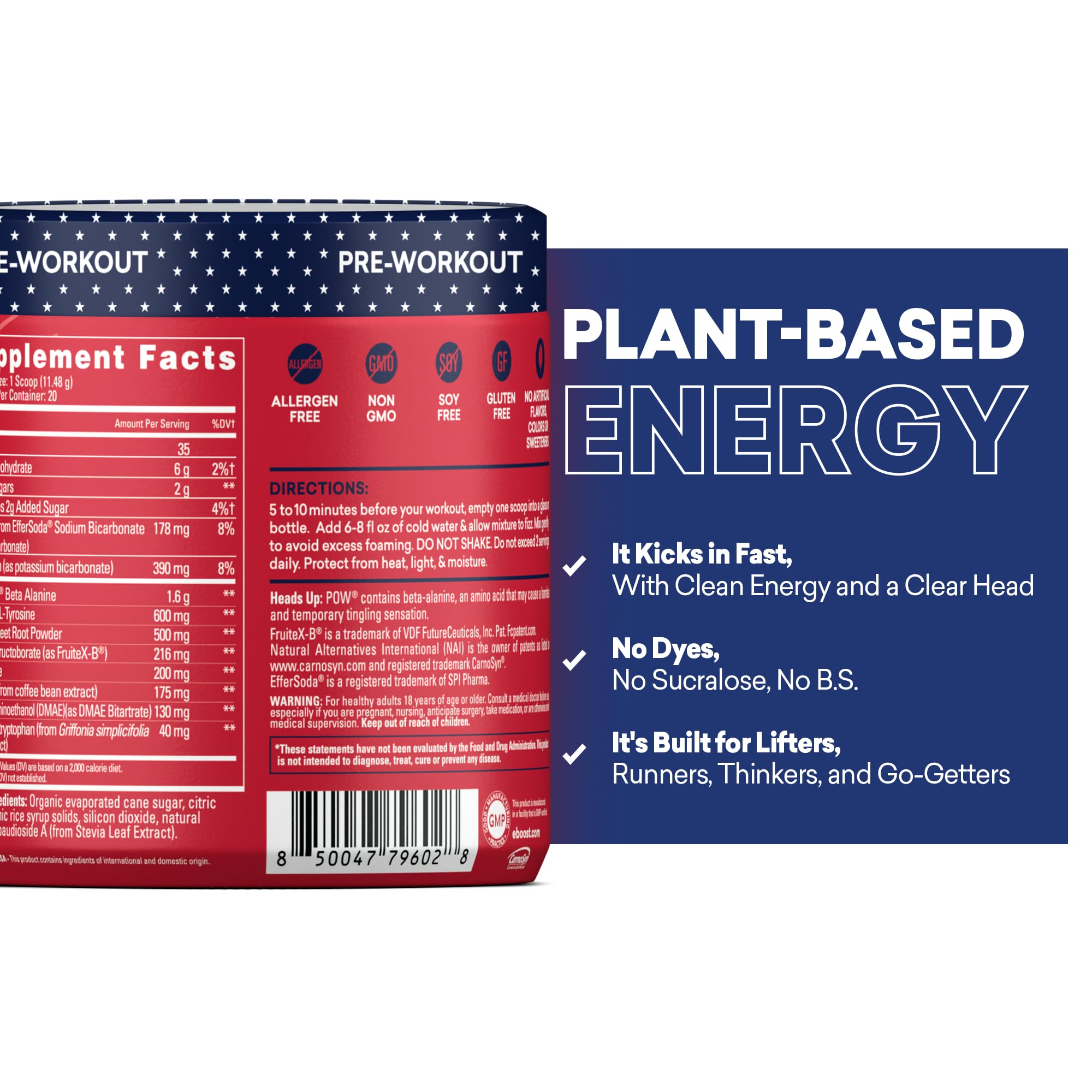 EBOOST POW gluten-free non-GMO label highlights clean ingredients