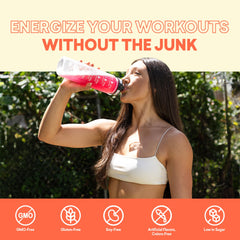 Close-up of the EBOOST POW label highlighting gluten-free and non-GMO formula.