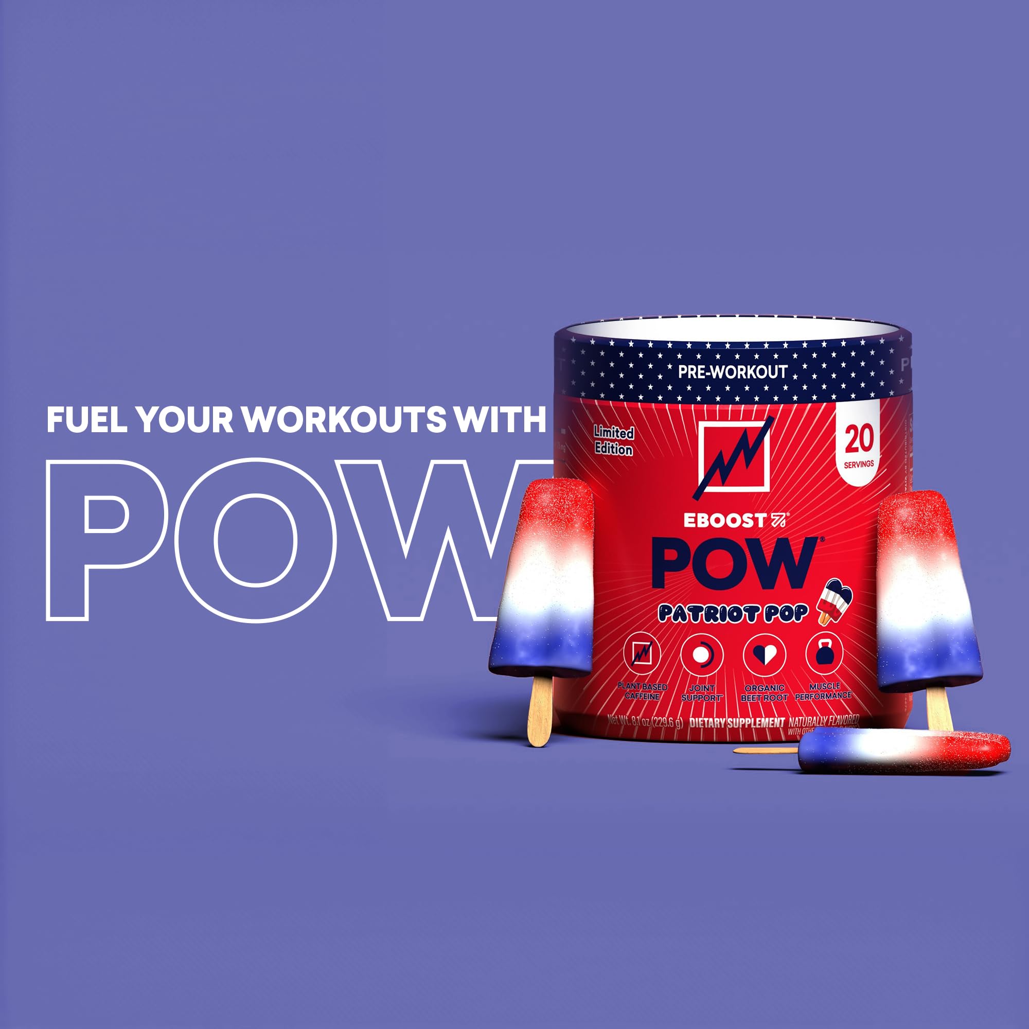 EBOOST POW packaging line emphasizes a complete pre-workout routine