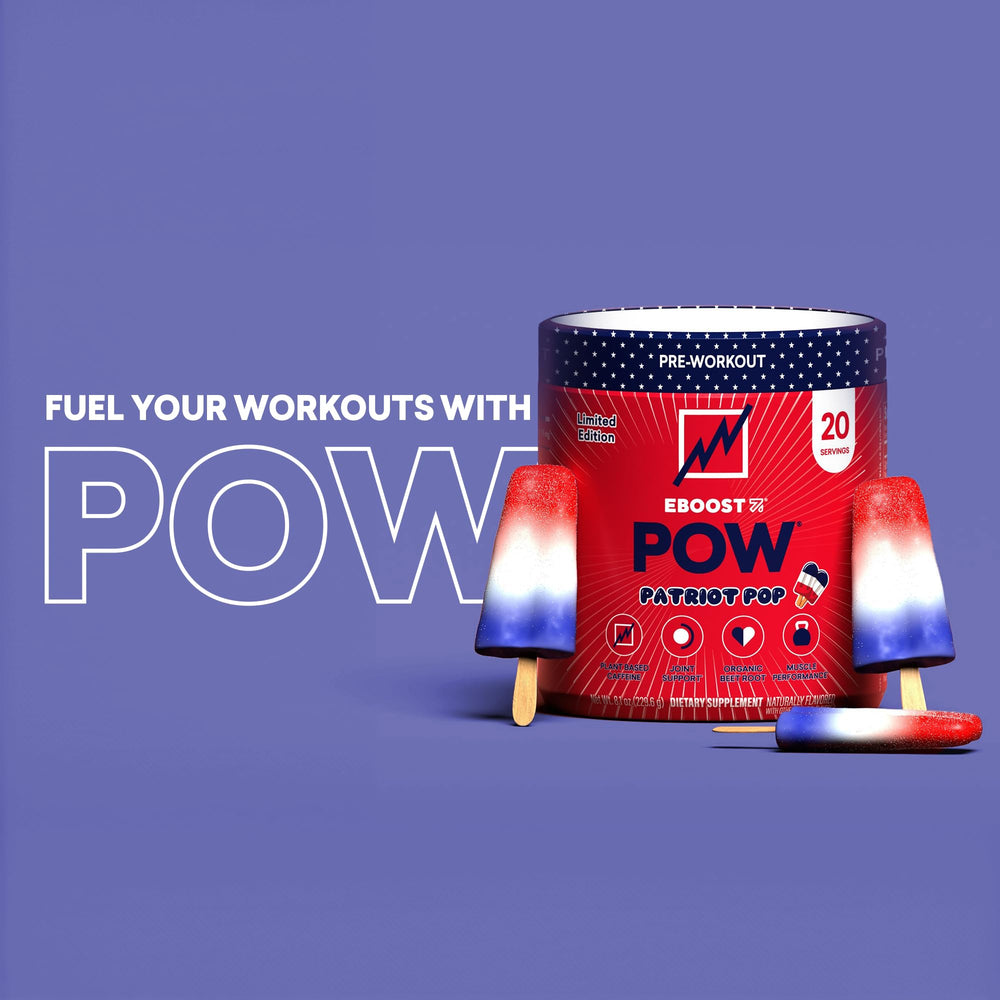 EBOOST POW packaging line emphasizes a complete pre-workout routine