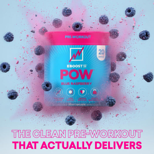 Scoop of POW added to water for quick pre-workout hydration.