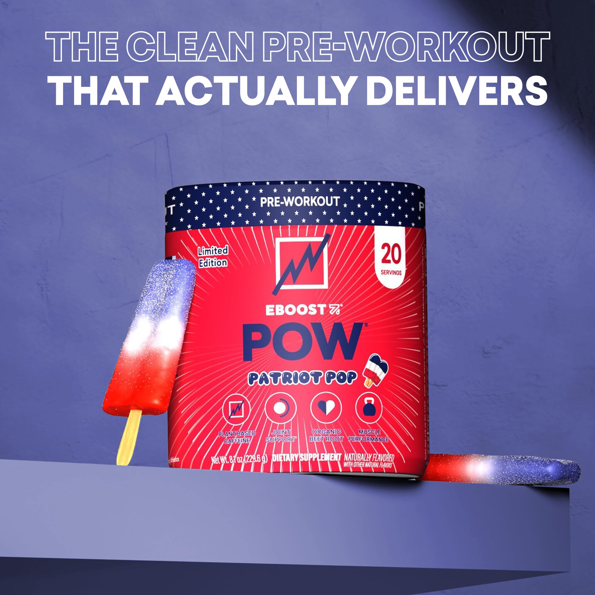 EBOOST POW scoop dissolving in water for quick, smooth energy