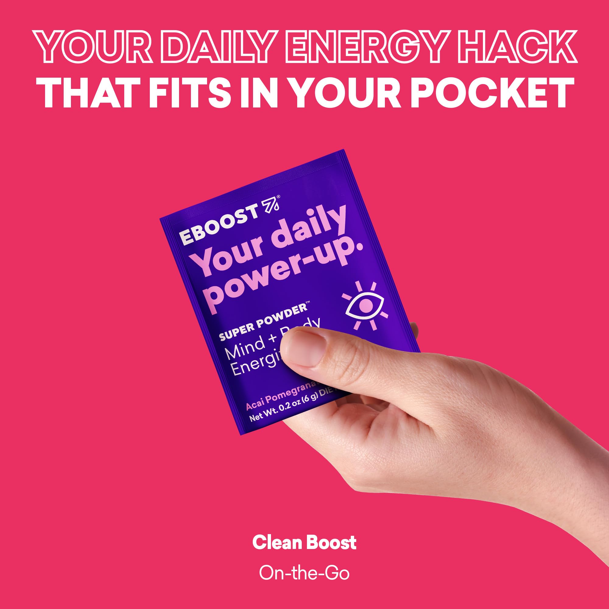 Vitamins and minerals iconography with EBOOST Acai Pomegranate ingredients.