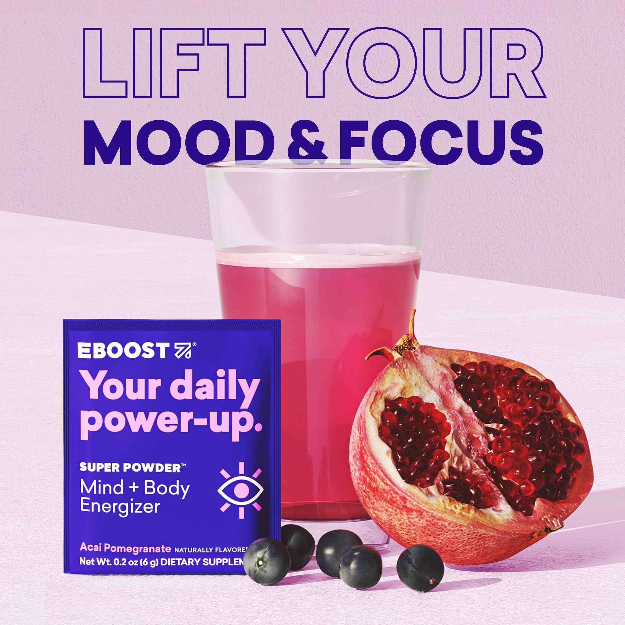 Morning routine with EBOOST Acai Pomegranate for a light lift.