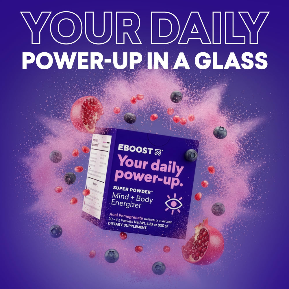 EBOOST Acai Pomegranate packets for sugar-free, portable energy on the go.