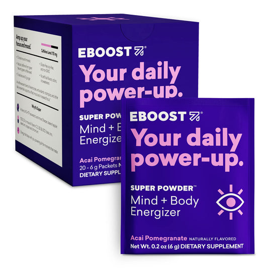 EBOOST Super Powder Acai Pomegranate tub front, highlighting hydration and flavor.