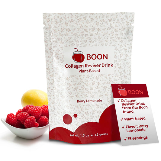Ecco Bella Boon Collagen bottle label showcases natural glow potential.