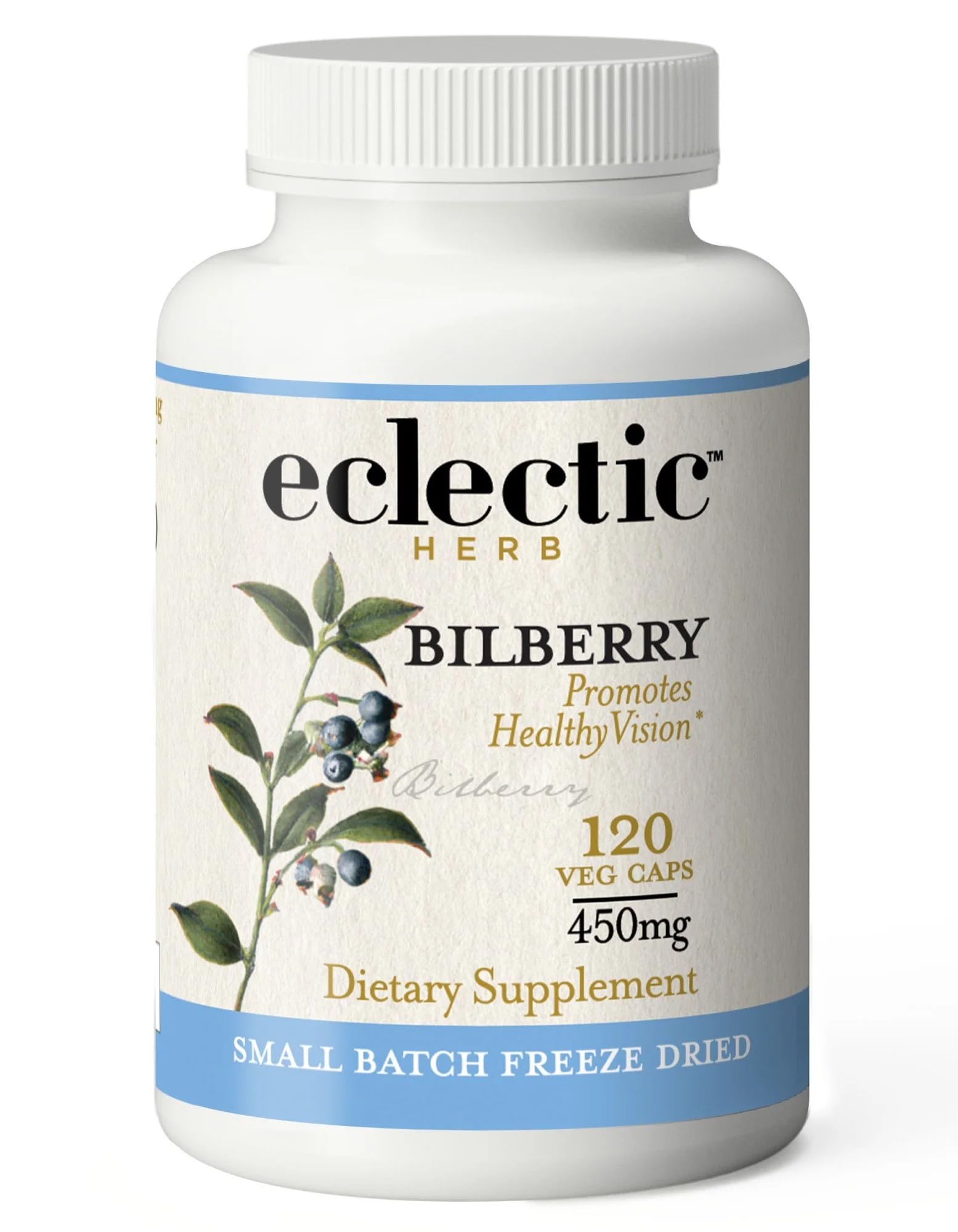 ECLECTIC INSTITUTE Bilberry Capsules bottle front promotes eye health and daily wellness