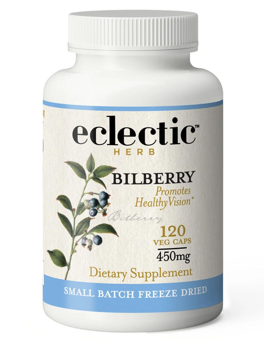 ECLECTIC INSTITUTE Bilberry Capsules bottle front promotes eye health and daily wellness