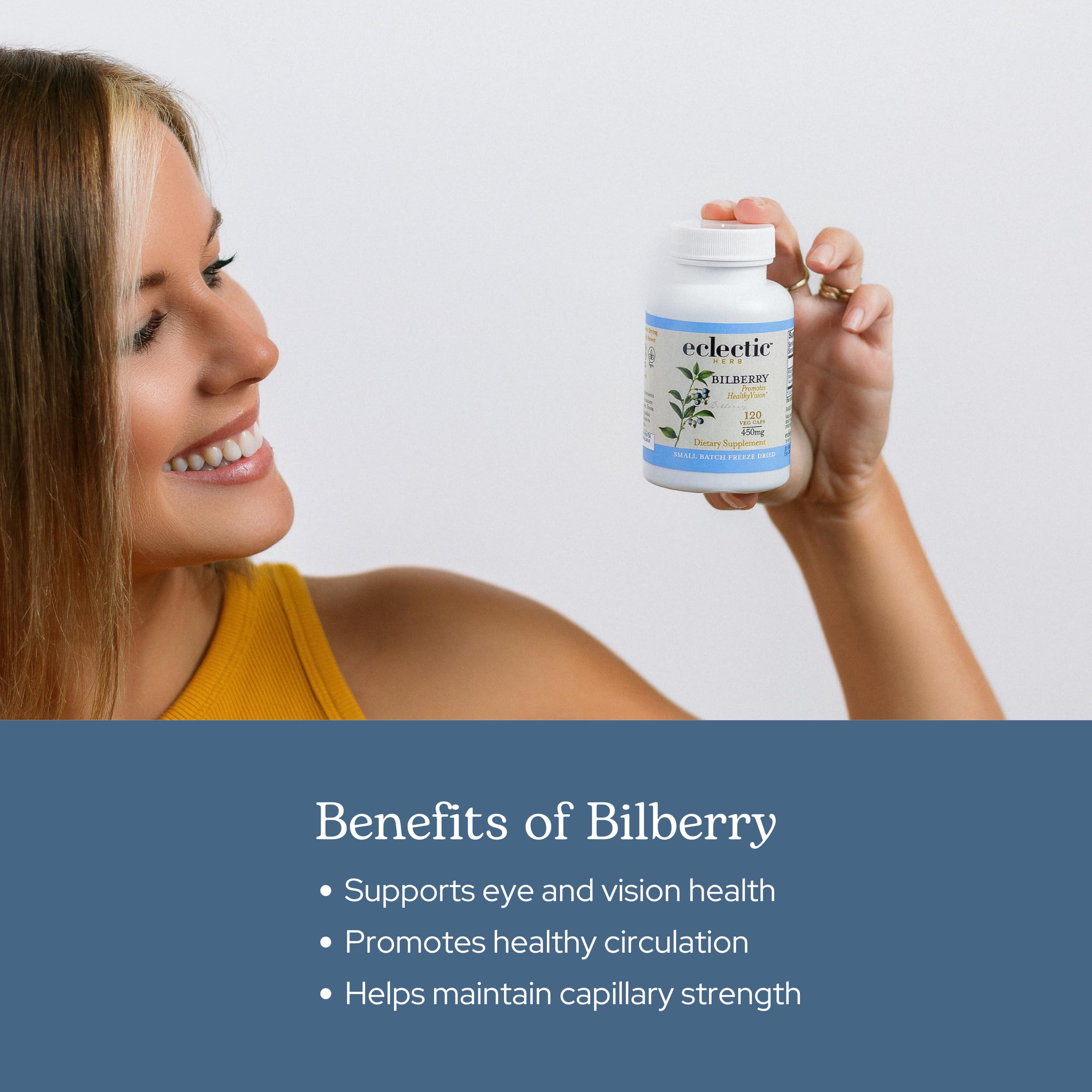 ECLECTIC INSTITUTE Bilberry Capsules near clean packaging signals quality and purity