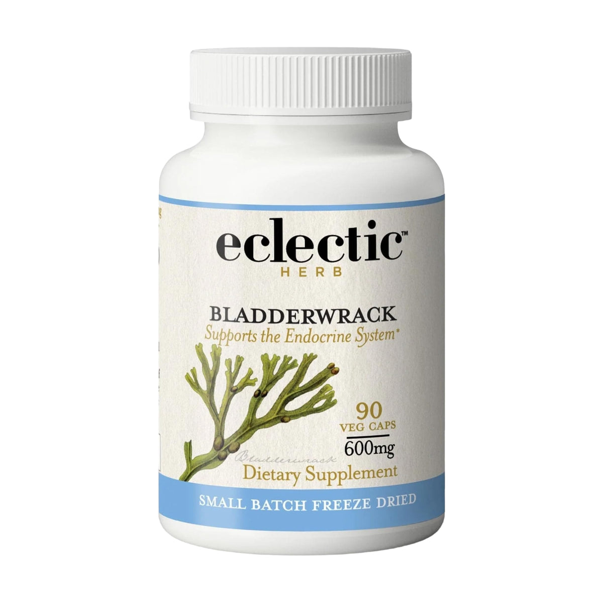 Eclectic Institute bladderwrack capsules bottle closeup highlights potent natural seaweed supplement.