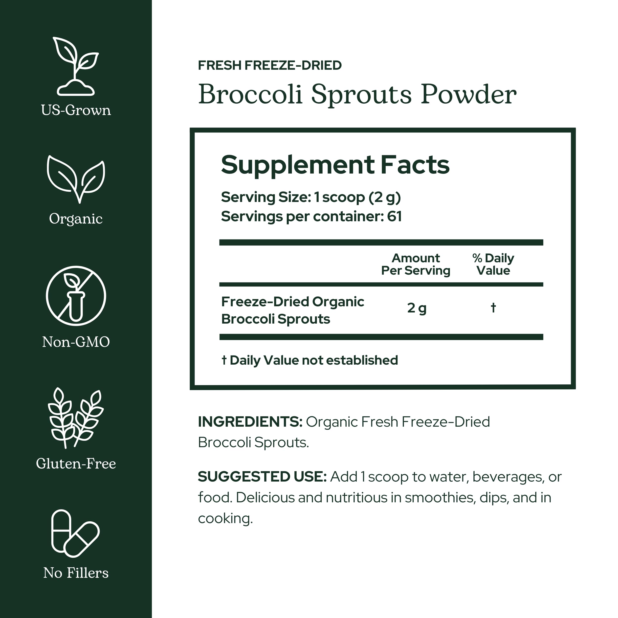 Pouring broccoli sprouts powder from Eclectic Institute for easy add-to-drink use