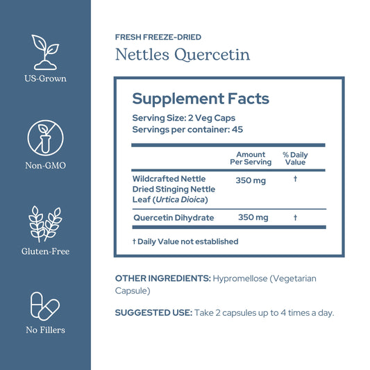 Eclectic Institute Eclectic Herb Nettle Quercetin capsules pack highlights vegan non-GMO formula.
