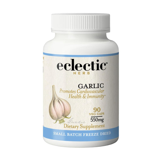 ECLECTIC INSTITUTE garlic capsules bottle for daily cardiovascular and immune support.