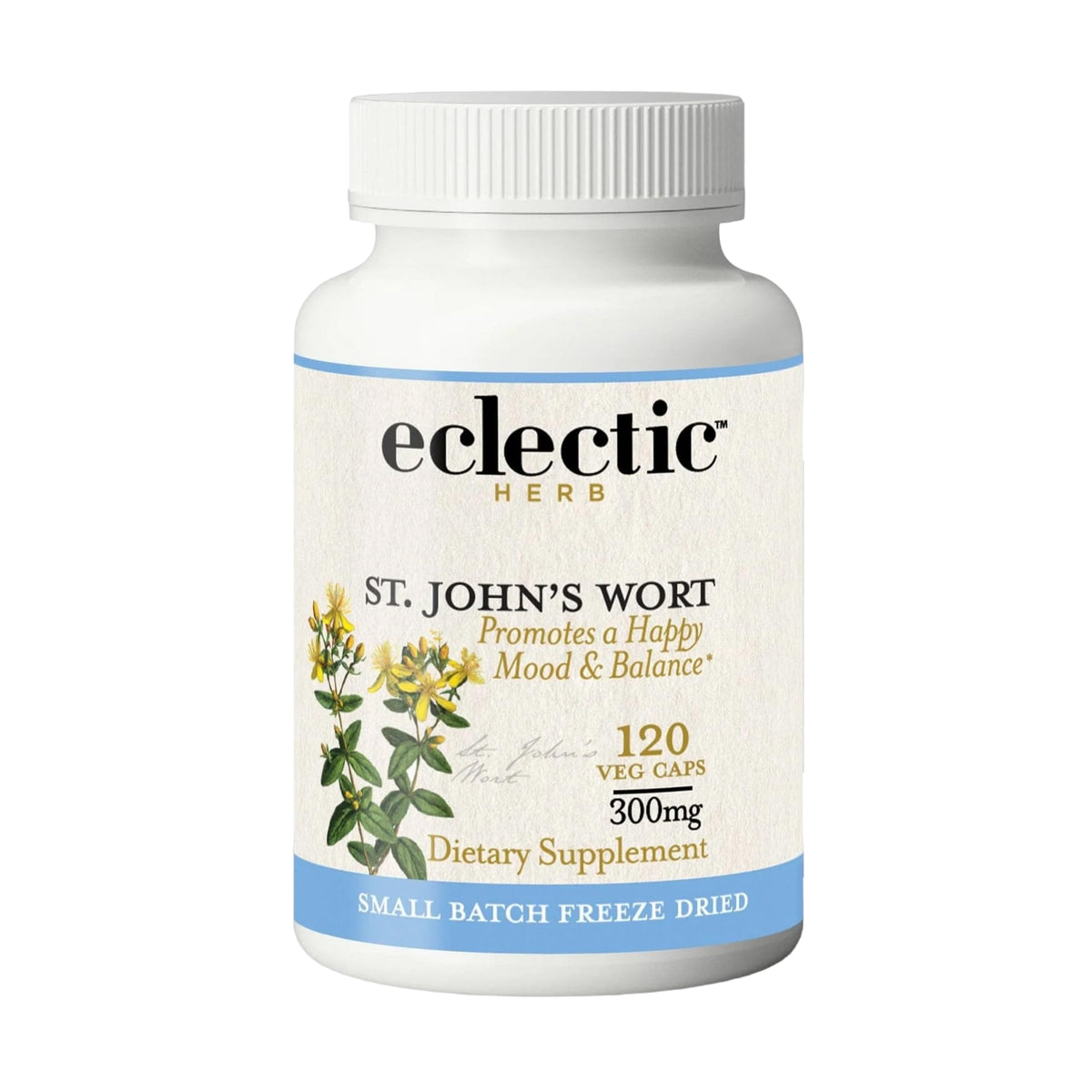 Eclectic Institute St. John's Wort capsules bottle offers convenient daily mood and immune support.
