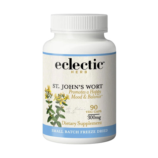 Eclectic Institute St. John's Wort capsules bottle showing product branding and dosage context