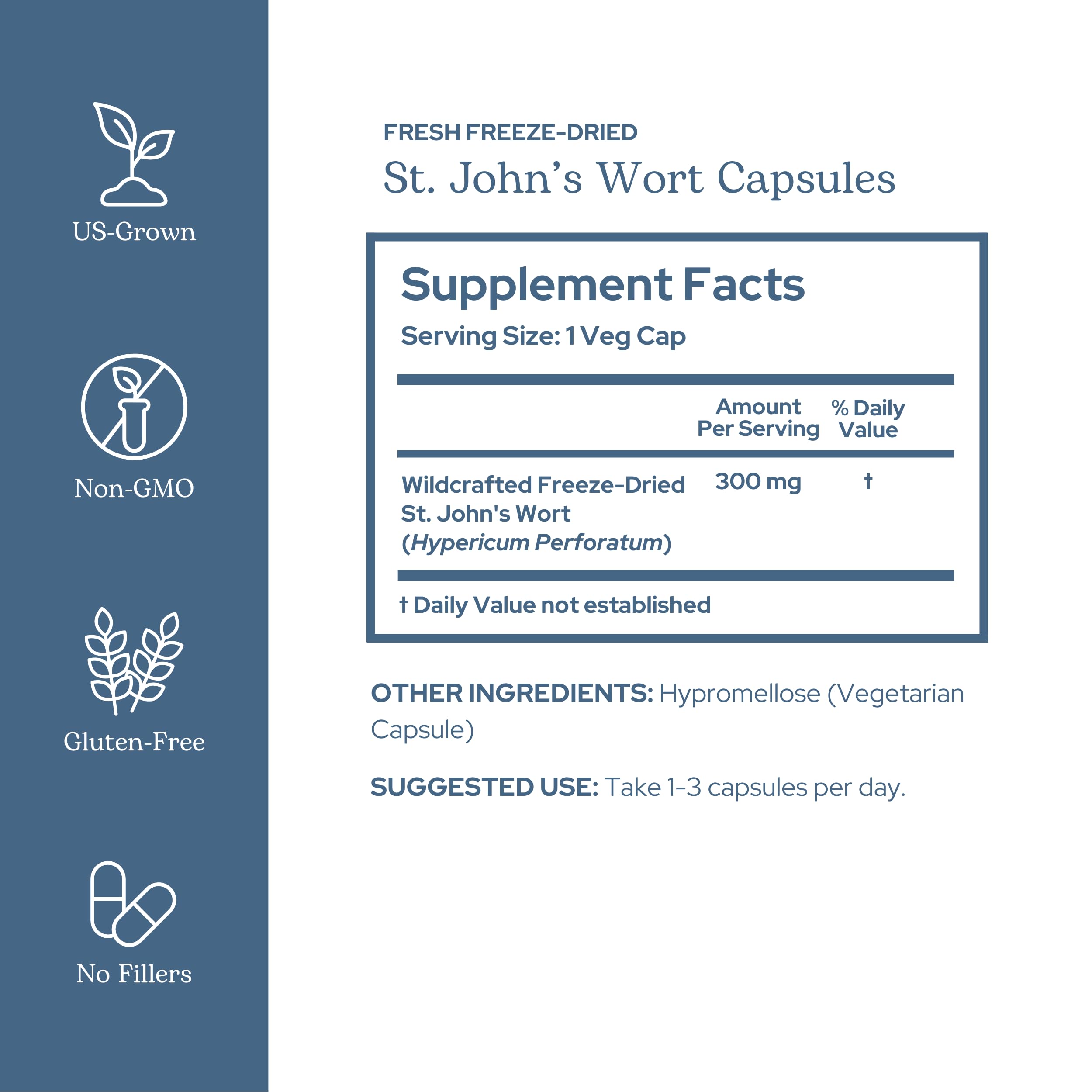 Label of Eclectic Institute St. John's Wort capsules highlighting vegan and gluten-free features
