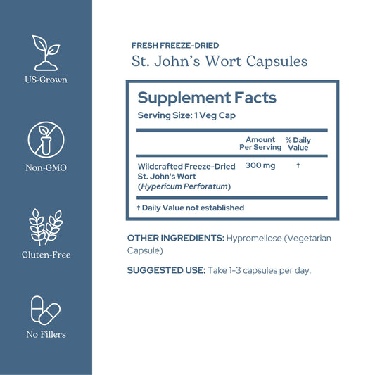 Label of Eclectic Institute St. John's Wort capsules highlighting vegan and gluten-free features