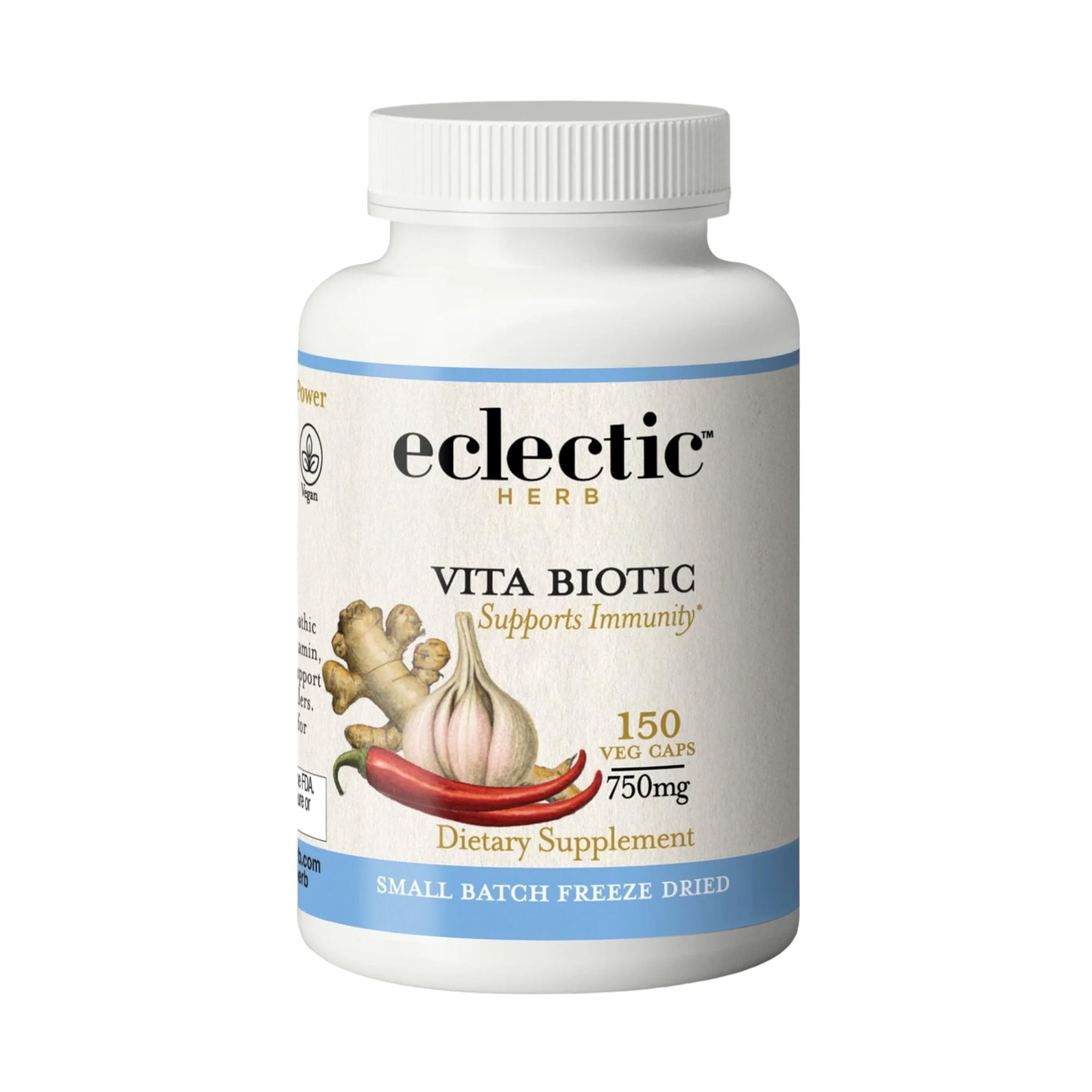 Eclectic Institute Vitabiotic bottle closeup with organic herbs label for immune support.