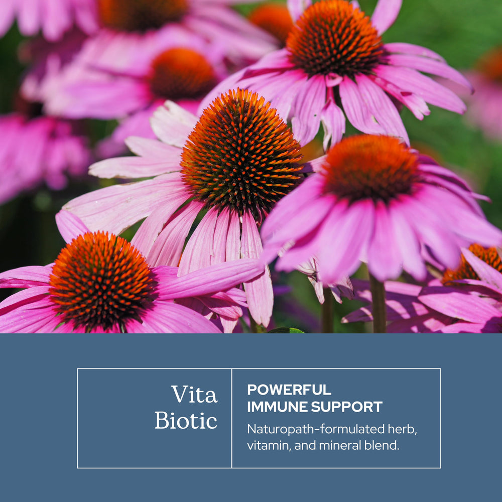 Eclectic Institute Vitabiotic capsules poured from bottle for easy daily immune support.