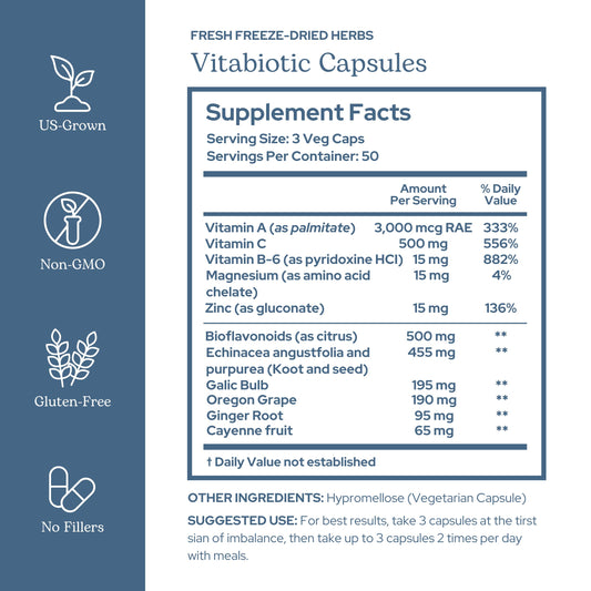 Eclectic Institute Vitabiotic pack shot highlighting freeze-dried herbs for daily wellness.
