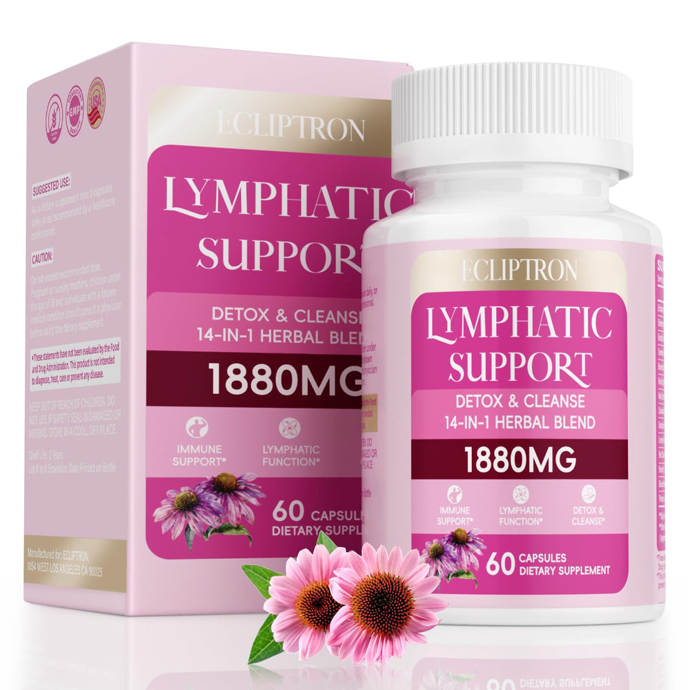 Ecliptron Lymphatic Drainage supplement bottle label highlighting the 14-herb blend for immune support.