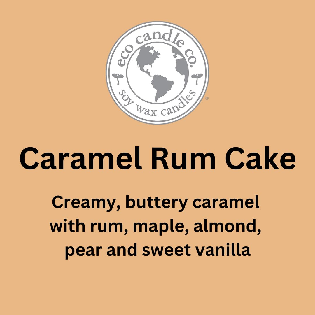 Eco Candle Co caramel-rum-cake scent offers rich dessert-inspired fragrance for warm evenings.