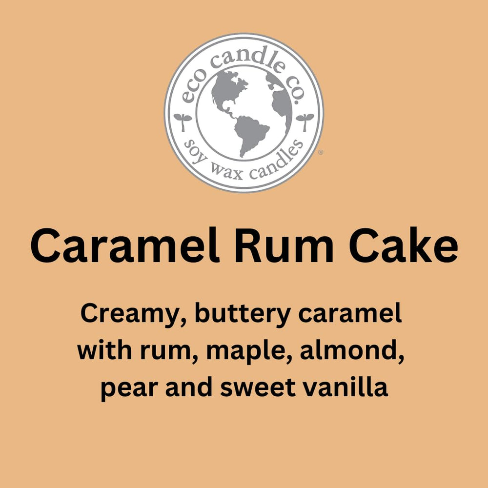 Eco Candle Co caramel-rum-cake scent offers rich dessert-inspired fragrance for warm evenings.